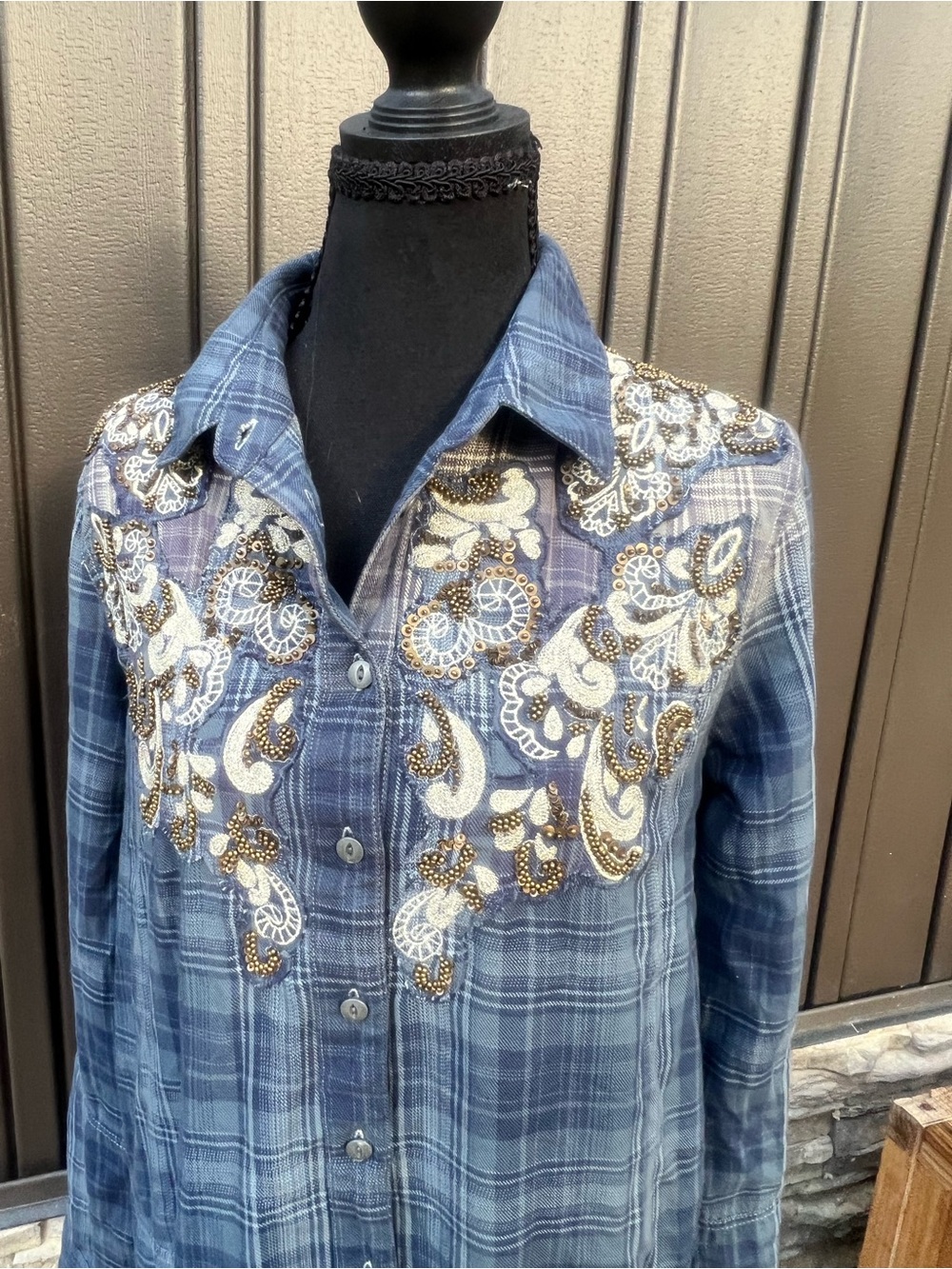 Free People Blue Plaid Embroidered Western Shirt Top